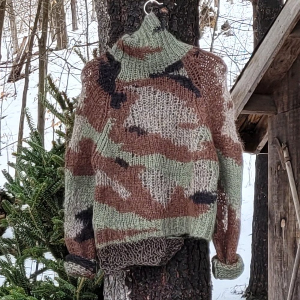 Diesel camo knit sweater in green, brown, black, cream